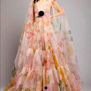 Printed long ruffle gown